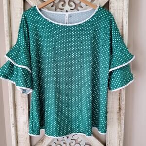 NY Collection Women's Plus Ruffle Elbow Sleeve ITY Dot Blouse